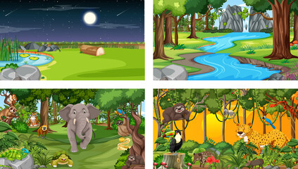 Naklejka premium Set of different forest horizontal scene with various wild animals