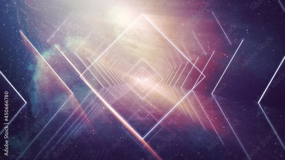 Poster nebula neon loop. travel passing neon light with star glow go to deep galaxy seamless loop.