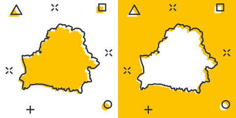 Obraz premium Vector cartoon Belarus map icon in comic style. Belarus sign illustration pictogram. Cartography map business splash effect concept.