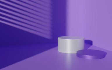 Purple cylinder podium abstract geometric background. Pastel pedestal or stage modern. Natural shadows grid light from windows. Empty abstract minimal studio room. Mockup space for product. 3D render.