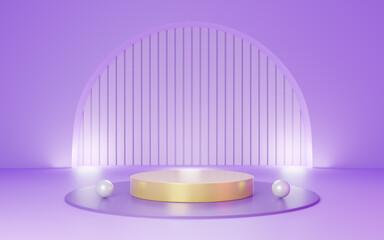 Purple Arch, cylinder podium abstract geometric grid background. Yellow, Lilac, pedestal or stage modern with white sphere. Empty abstract minimal studio room. Mockup space for product. 3D rendering.