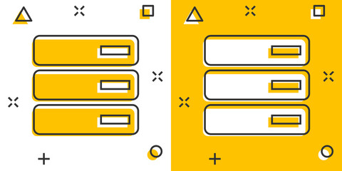 Vector cartoon database, server icon in comic style. Storage sign illustration pictogram. Server business splash effect concept.