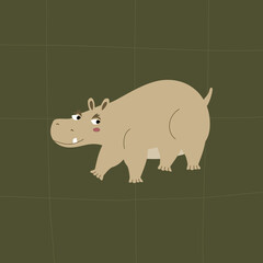 Adorable hippo with funny eyes. Isolated safari animals on a green background. African hippopotamus hand drawn vector illustration. Cute character in flat style.