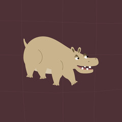 Creepy hippopotamus with funny teeth. Cute animal character on a purple background. African hippo hand drawn vector illustration. Cartoon safari animals in flat style.