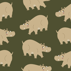 Cute hippo with funny eyes. Safari animals on a green background. Cute character hand drawn vector illustration. African hippopotamus seamless pattern.