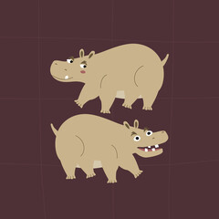 Two adorable funny hippopotamus. Cute animal character on a purple background. African hippo hand drawn vector illustration. Cartoon safari animals in flat style.