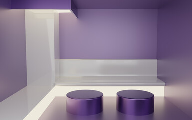 Purple metal cylinder podium abstract geometric background. Lilac, White, pedestal or stage modern with light and chair. Empty minimal studio room. Mockup space for product step stand. 3D rendering.
