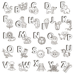 Vector ABC poster. Capital letters of the English alphabet with cute cartoon animals and things. Coloring page for kindergarten and preschool education. Cards for study English