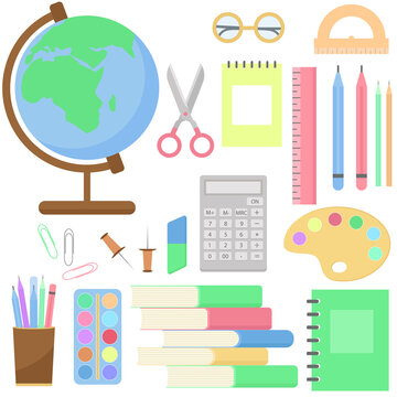 Set of stationery icons vector illustration. School collection book ruler pencil pen calculator scissors paint globe. Subjects for study and work. School and office supplies. Flat style.