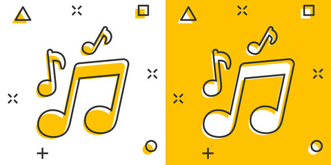 Vector cartoon music icon in comic style. Sound note sign illustration pictogram. Melody music business splash effect concept. © Lysenko.A