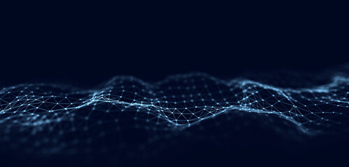 Futuristic digital wave. Dark cyberspace. Abstract wave with dots. Moving particles on a blue background. 3d rendering.