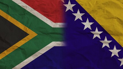 Bosnia and Herzegovina and South Africa Flags Together, Crumpled Paper Effect Background 3D Illustration