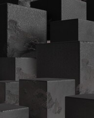 Modern black podium for product showcase. Boxes shapes pedestal.Black background. Empty stage. 3d render illustration