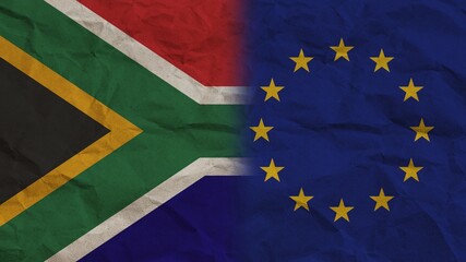European Union and South Africa Flags Together, Crumpled Paper Effect Background 3D Illustration