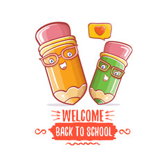 Back to school banner or poster with cartoon funky pencil and hand drawn doodle text label isolated on white backdrop. Vector back to school background with cartoon school supplies