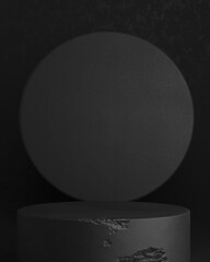 Minimal stage mock up. Black cylinder base. Pedestal for display. Empty product stand backdrop. Geometric cylinder on background stand. 3d render illustration