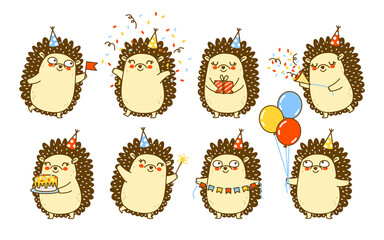 Set of cute hedgehogs isolated on white - cartoon characters for Your happy Birthday design