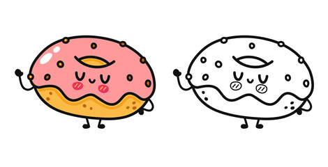 Funny cute happy Donut characters bundle set. Vector hand drawn cartoon kawaii character illustration icon. Isolated on white background. Outline cartoon illustration for coloring book