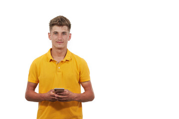 portrait of handsome man dressed casual in blue t-shirt. Using the smart phone