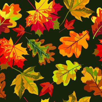 Maple and oak leaves vector seamless pattern. Autumn background.