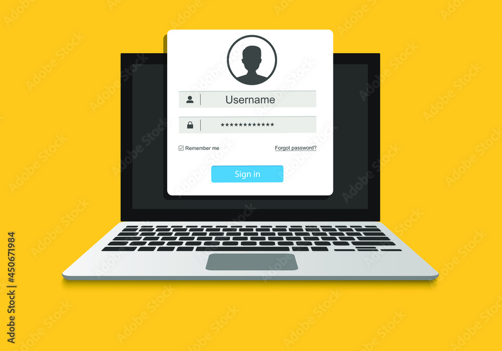 Poster laptop with login and password form page on screen, registration page. sign in page, user authorizat