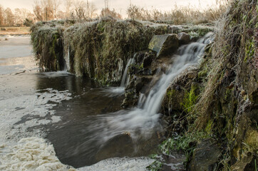 Venta waterfall, the widest waterfall in Europe, in winter day, Kuldiga, Latvia.