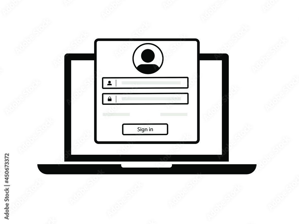 Poster laptop with login and password form page on screen, user authorization, login authentication page co