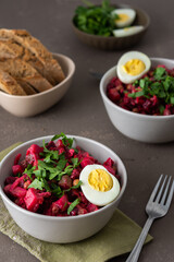 Russian salad vinaigrette in plates with boiled egg and black bread, salad of boiled potatoes and carrots, beetroot and pickled vegetables, cucumber and cabbage and canned green peas