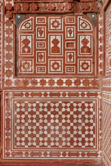 Detail of red sandstone panel with white marble inlay on exterior of mughal emperor Jahangir's tomb, Char Bagh garden, Lahore, Punjab, Pakistan
