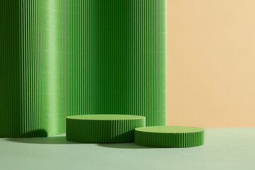 Abstract background for branding and minimal presentation. Green  podium, on folding paper pleated...