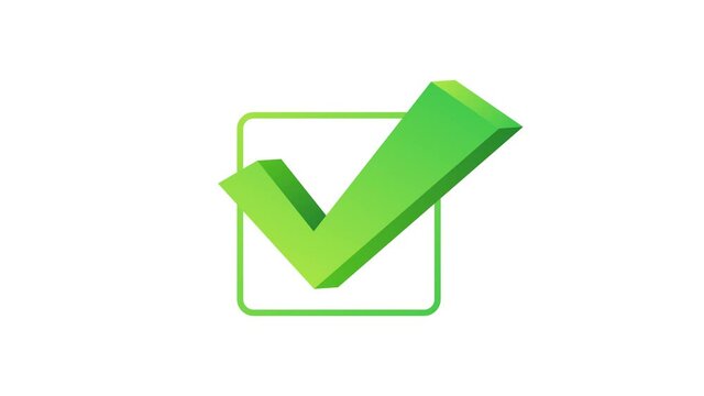 Checkmark. Green approved sticker on white background. Motion graphics.
