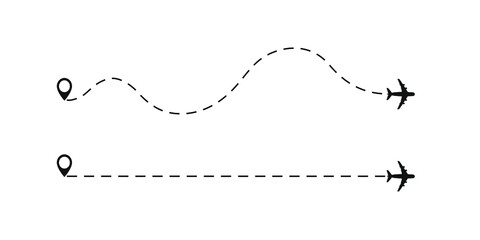 Airplane line path vector icon of air plane flight route with start point and dash line trace.