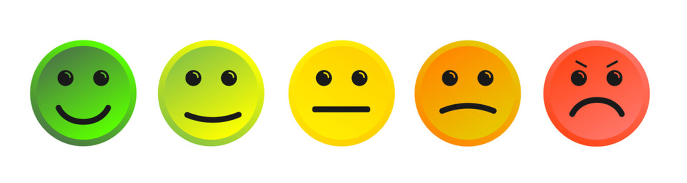 Vector illustration of facial expressions - smiley icon set. Emoticons positive, neutral and negative (red, yellow and green different moods). Rating for customer opinion