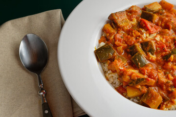 Eggplant curry with tomatoes. View from above. Vegan dish.