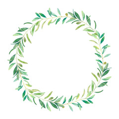 Watercolor hand drawn wreath with olive branches on white background. Isolated botanical round frame with olive leaves for wedding, cards, invitations and textile.