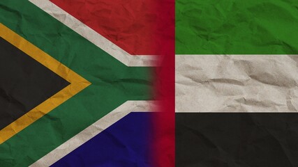 United Arap Emirates and South Africa Flags Together, Crumpled Paper Effect Background 3D Illustration