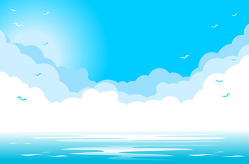 Fototapeta na wymiar Blue sky with clouds and silhouettes of seagulls over the blue sea. Illustration, vector background