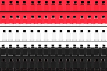 Flag of Yemen and multiple vaccine vials. Vaccination concept. 3D rendering