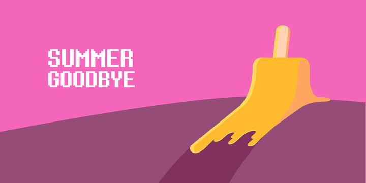 vector goodbye summer vintage concept horizontal illustration with orange melt ice creamon on pink background. End of summer horizontal background or banner