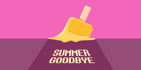 vector goodbye summer vintage concept horizontal illustration with orange melt ice creamon on pink background. End of summer horizontal background or banner