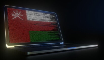 Open laptop and computer code on the screen composing flag of Oman. Modern information technology related 3d rendering