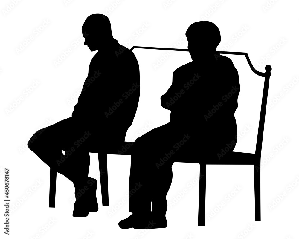 Poster Resting people sitting on a park bench. Isolated silhouettes on a white background