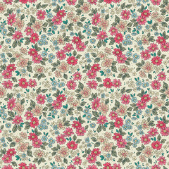 Vintage floral background. Floral pattern with small pastel color flowers on a light gray-green background. Seamless pattern for design and fashion prints. Ditsy style. Stock vector illustration.