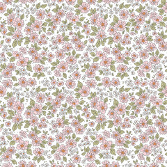 Vintage floral background. Floral pattern with small pink flowers on a white background. Seamless pattern for design and fashion prints. Ditsy style. Stock vector illustration.