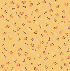 Vintage floral background. Floral pattern with small orange flowers on a yellow background. Seamless pattern for design and fashion prints. Ditsy style. Stock vector illustration.