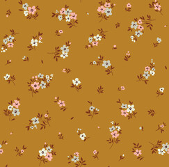 Fond floral vintage. Motif floral avec de petites fleurs de couleur pastel sur un fond jaune moutarde. Modèle sans couture pour les imprimés de design et de mode. Style minimaliste. Illustration vectorielle stock.