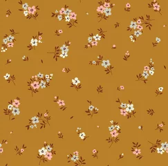 Papier peint Petites fleurs Fond floral vintage. Motif floral avec de petites fleurs de couleur pastel sur un fond jaune moutarde. Modèle sans couture pour les imprimés de design et de mode. Style minimaliste. Illustration vectorielle stock.