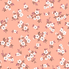 Vektornahtloses Muster. Hübsches Muster in kleinen Blumen. Kleine weiße Blüten. Korallenhintergrund. Ditsy Blumenhintergrund. Die elegante Vorlage für Modedrucke. Aktienvektor.