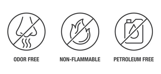Odor free, Petroleum free, Non-flammable icons set