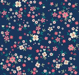 Cute floral pattern in the small flower. Seamless vector texture. Elegant template for fashion prints. Printing with small red and white flowers. Blue background. Stock vector for prints on surface.